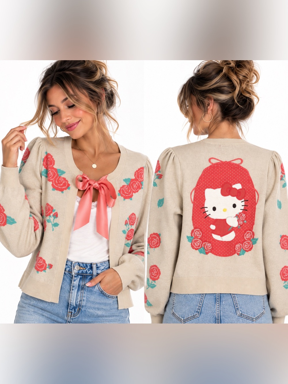 BoxLunch Hello Kitty Floral Bow-Trim Beige Cardigan Sweater Sanrio Y2K size M